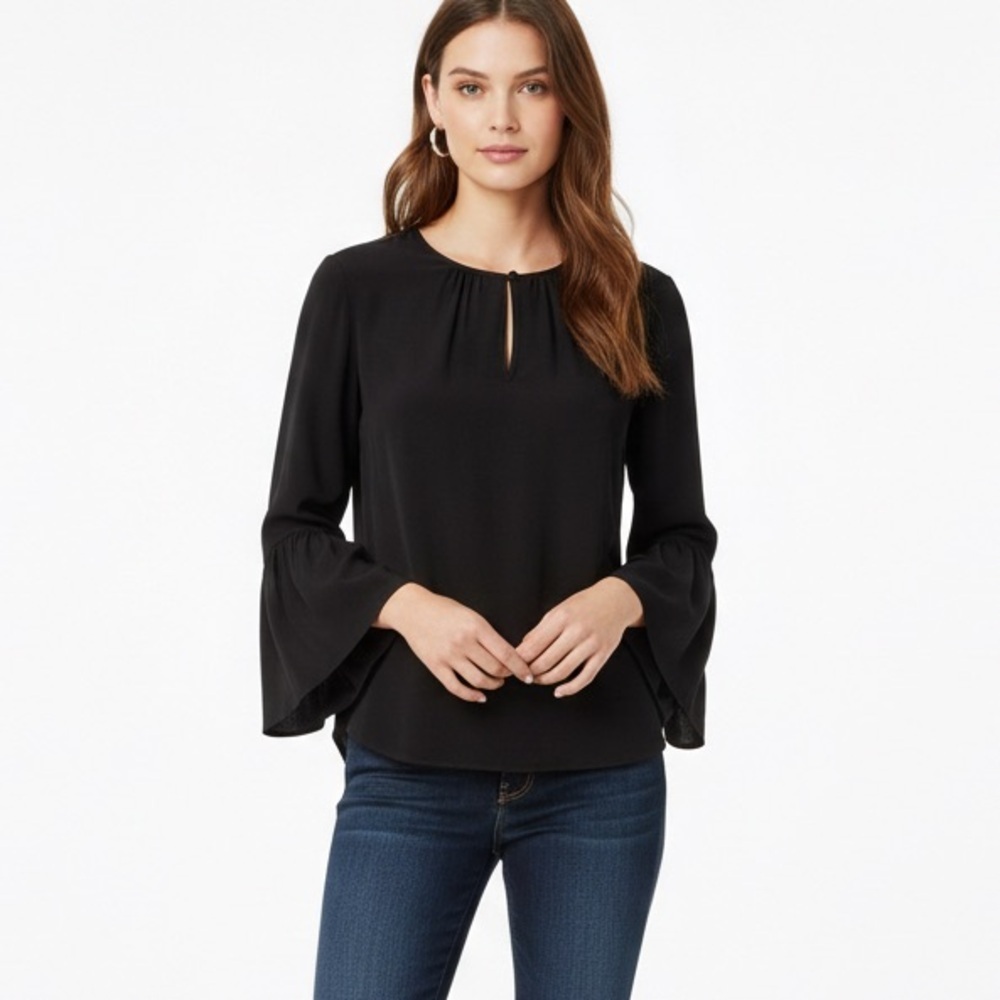 J.Crew 100% Silk Bell Sleeve Blouse Black Keyhole Career Size 0